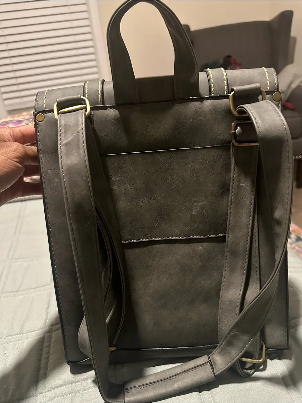 Grey Faux Leather Backpack with Gold Hardware
